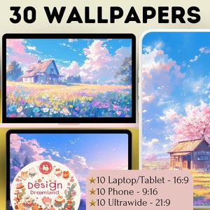 Anime Wallpaper - Pastell Wiese & Lofi Landschaft, 4K ästhetischer Desktop Hintergrund, charmantes Geschenk für Anime-Liebhaber