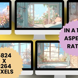 Op de afbeelding: Een digitale illustratie van een kamer met een groot raam, een bed en een badkuip. De kamer is versierd met planten en bloemen. De afbeelding heeft een beeldverhouding van 16:9 en is 5824 x 3264 pixels groot.