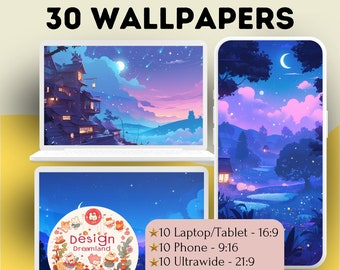Papier peint nuit inspiré du Studio Ghibli : décoration anime violette (téléchargement numérique)
