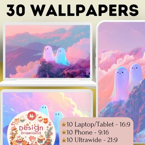 Pastel Ghosts Wallpaper, Adorable Halloween 4K Desktop, Lofi Rainbow Aesthetic Digital Art Gift
