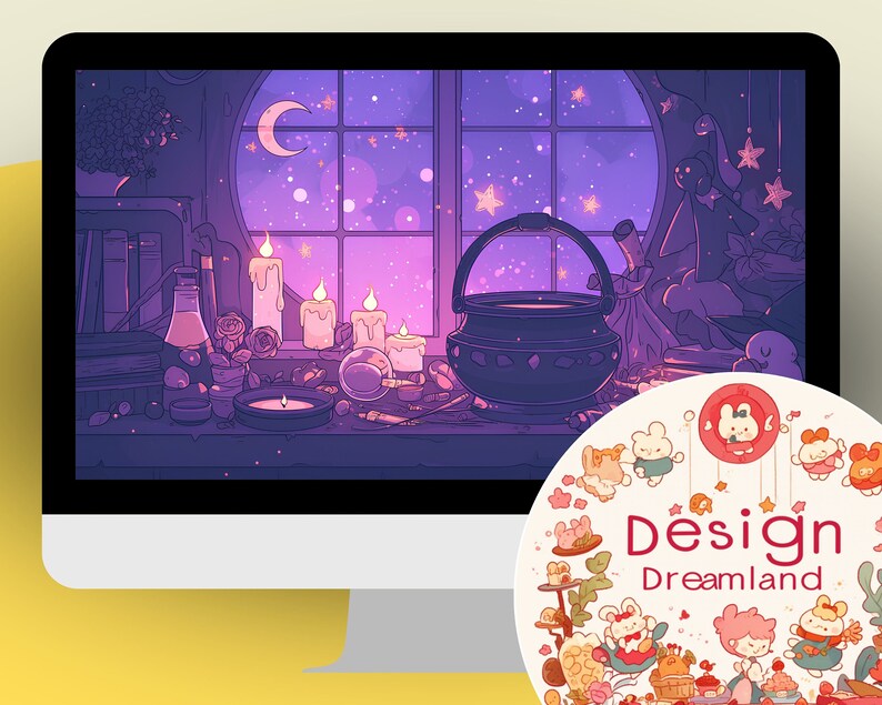 May include: A computer screen displaying a digital illustration of a night scene with a window, a cauldron, candles, and other magical objects. The scene is set in a room with a wooden table and shelves. The illustration is in a cartoon style with bright colors and a whimsical feel.