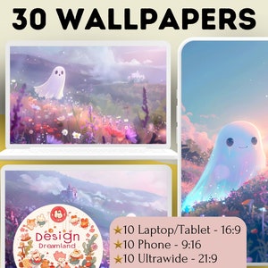 Pastel Ghosts Wallpaper, Cute Halloween Lofi Rainbow 4K Desktop Wallpaper, Aesthetic Digital Art Gift