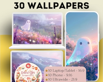 Pastel Ghost Wallpaper Set, Halloween Desktop Backgrounds (Digital Download