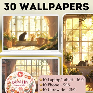 May include: A digital illustration of 30 wallpapers featuring a cat sitting in a windowsill with a view of a sunny day. The image includes text that says "30 WALLPAPERS" and "Design Dreamland". The image also includes text that says "10 Laptop/Tablet - 16:9", "10 Phone - 9:16", and "10 Ultrawide - 21:9".
