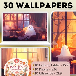 Cute Ghosts Wallpaper, Halloween Lofi Plants Desktop Background, Aesthetic Boho 4K