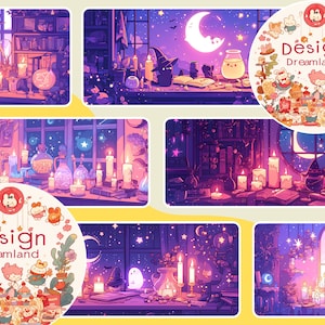 May include: A digital illustration of a magical, whimsical scene with a crescent moon, stars, and candles. The scene is set in a room with bookshelves and a window. The illustration is in a pastel color palette with shades of pink, purple, and blue. The text "Design Dreamland" is featured in the image.