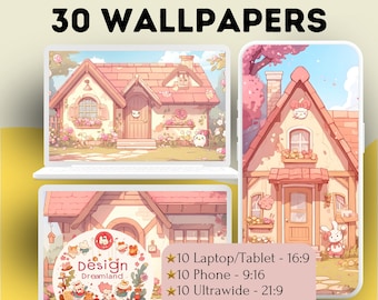 Tapeta Kawaii Cottage, pastelowy różowy wygaszacz ekranu na komputer i telefon (do pobrania cyfrowego)