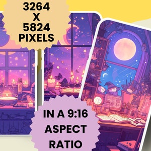 May include: Two phone screens with a purple and blue night sky background. The left screen shows a room with a window, candles, and a cauldron. The right screen shows a room with a window, a book, and a computer. The text "IN A 9:16 ASPECT RATIO" is in a pink starburst shape. The text "3264 X 5824 PIXELS" is in a yellow starburst shape.
