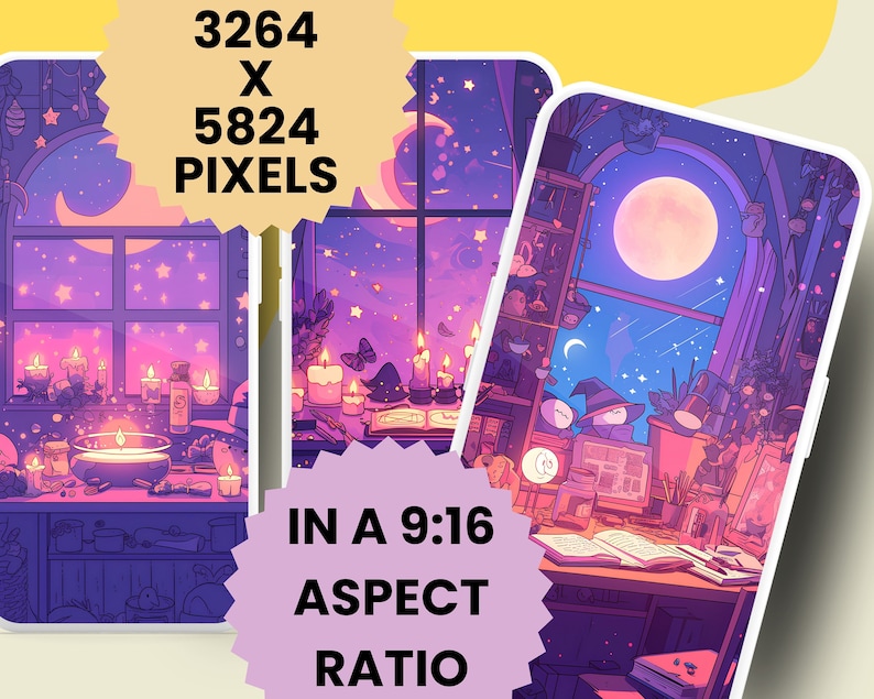 May include: Two phone screens with a purple and blue night sky background. The left screen shows a room with a window, candles, and a cauldron. The right screen shows a room with a window, a book, and a computer. The text "IN A 9:16 ASPECT RATIO" is in a pink starburst shape. The text "3264 X 5824 PIXELS" is in a yellow starburst shape.