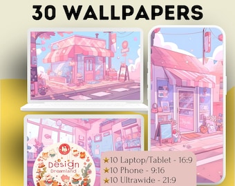 Tapeta Kawaii Pink Shop: Pastelowe tła na telefon i komputer (do pobrania cyfrowego)