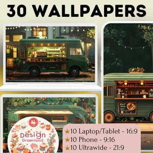 May include: A set of 30 digital wallpapers featuring a green food truck with lights and a sign that says "AFFIR". The wallpapers are available in three aspect ratios: 16:9 for laptops and tablets, 9:16 for phones, and 21:9 for ultrawide monitors.