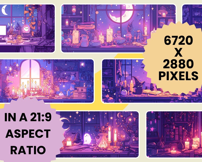 May include: A digital illustration of a magical, mystical, and enchanting scene with a starry night sky, candles, and a variety of magical objects. The scene is set in a room with a window and shelves filled with potions and other magical items. The image is 6720 x 2880 pixels in a 21:9 aspect ratio.