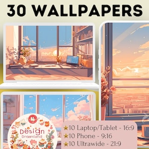 May include: A digital illustration of 30 wallpapers featuring a cityscape view from a window with a sunset sky. The image shows three different screen sizes: laptop/tablet, phone, and ultrawide. The text "Design Dreamland" is featured in a circle with a cartoon character.