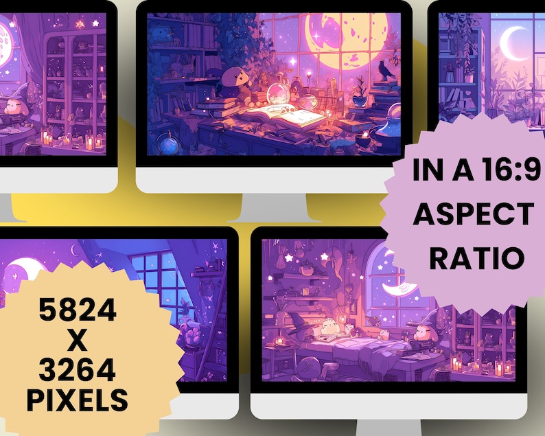 May include: Four computer screens displaying a digital illustration of a magical room with a witch, a cat, and a moon. The room is decorated with candles, books, and other magical items. The text "IN A 16:9 ASPECT RATIO" is displayed on a pink starburst. The text "5824 X 3264 PIXELS" is displayed on a yellow starburst.