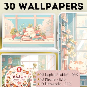 Papel de parede de gato kawaii: fundos de tela boho chiques (download digital)