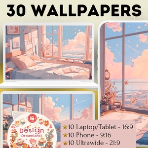 Puede incluir: Una ilustración digital de 30 fondos de pantalla que muestran una habitación con una ventana que da a una ciudad. La imagen incluye una cama, un escritorio y una computadora portátil. El texto "Design Dreamland" es visible en la imagen. La imagen está dividida en tres secciones, cada una mostrando un aspecto diferente de la colección de fondos de pantalla. El texto "10 Laptop/Tablet - 16:9", "10 Phone - 9:16" y "10 Ultrawide - 21:9" es visible en la imagen.