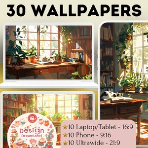 Puede incluir: Una ilustración digital de 30 fondos de pantalla que muestran una habitación acogedora con una ventana, un escritorio, estanterías, plantas y un gato. El texto "Design Dreamland" está en un círculo con un personaje de dibujos animados. El texto "30 WALLPAPERS" está en la parte superior de la imagen. El texto "10 Laptop/Tablet - 16:9", "10 Phone - 9:16" y "10 Ultrawide - 21:9" están listados debajo de la imagen.