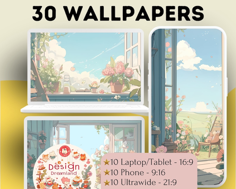 Op de afbeelding: Een digitale illustratie van een kamer met een raam dat uitkijkt op een groen veld. De kamer heeft een houten vloer en een stoel. Het raam staat open en er zijn bloemen buiten. De tekst "30 WALLPAPERS" staat bovenaan de afbeelding. De tekst "Design Dreamland" staat in een cirkel in de linkerbenedenhoek van de afbeelding. De tekst "10 Laptop/Tablet - 16:9", "10 Phone - 9:16" en "10 Ultrawide - 21:9" staat onder de cirkel.