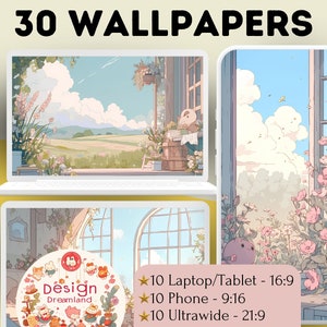 May include: A set of 30 digital wallpapers featuring a pastel-colored landscape with a window view. The wallpapers are available in three aspect ratios: 16:9 for laptops and tablets, 9:16 for phones, and 21:9 for ultrawide monitors. The text "Design Dreamland" is featured on the image.