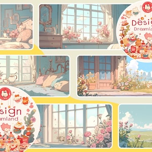 Op de afbeelding: Een collage van afbeeldingen met verschillende kamers met ramen, meubels en bloemstukken. De kamers zijn gedecoreerd in een pastelkleurenschema met een grillige en charmante esthetiek. De tekst "Design Dreamland" verschijnt in een cirkel met cartoonfiguren.