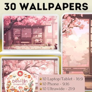 Könnte beinhalten: Eine digitale Illustration eines rosa und weißen Kirschbaums mit einem japanischen Gebäude im Hintergrund. Das Bild ist in drei Abschnitte unterteilt, wobei der obere Abschnitt einen Laptop-Bildschirm, der mittlere Abschnitt einen Telefonbildschirm und der untere Abschnitt einen Breitbildmonitor zeigt. Der Text "30 WALLPAPERS" befindet sich oben im Bild. Der Text "Design Dreamland" befindet sich in einem Kreis unten im Bild. Der Text "10 Laptop/Tablet - 16:9", "10 Phone - 9:16" und "10 Ultrawide - 21:9" befindet sich unten rechts im Bild.