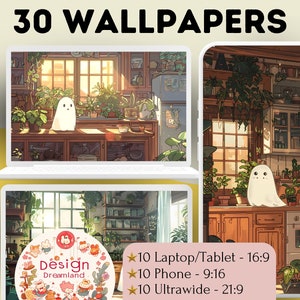 Cute Ghosts Wallpaper, Aesthetic Halloween Lofi Wallpaper, Fun Desktop Decor, Boho 4K Plant Wallpapers
