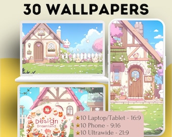 Tapeta Kawaii Cottage: Pastelowe różowe tła na telefon i komputer (do pobrania cyfrowego)
