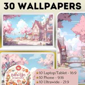 Pode incluir: Uma ilustração digital de 30 papéis de parede em tons pastel que representam uma cidade de sonho com cerejeiras cor-de-rosa, um rio e uma ponte. O texto "Design Dreamland" aparece em um círculo com um design de desenho animado. O texto "10 Laptop/Tablet - 16:9", "10 Phone - 9:16" e "10 Ultrawide - 21:9" também está incluído.