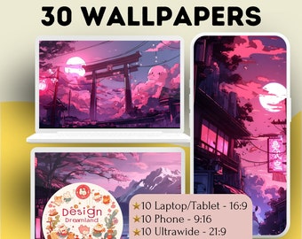 May include: A digital illustration of a Japanese cityscape at night with a pink and purple sky. The image is divided into three sections, showing the same scene in different aspect ratios: 16:9, 9:16, and 21:9. The text "30 WALLPAPERS" is at the top of the image. The text "Design Dreamland" is in a circle with a cartoon character in the lower left corner. The text "10 Laptop/Tablet - 16:9", "10 Phone - 9:16", and "10 Ultrawide - 21:9" are listed below the image.