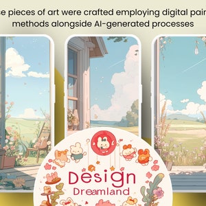 Op de afbeelding: Drie telefoonschermen met een digitale illustratie van een huis met een open raam en uitzicht op een groen veld en een blauwe lucht. De illustratie is in een pastelkleurenpalet en bevat kleine cartoondieren. De tekst "Design Dreamland" staat in het midden van de afbeelding.