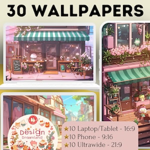 Cozy Shops Wallpaper - Lofi Pastel Pink Screensaver, Charming Phone and Desktop Background, Perfect Gift for Teens