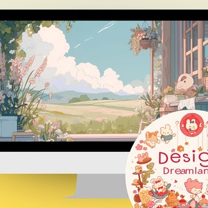 Op de afbeelding: Een computerscherm dat een digitale illustratie toont van een raam met uitzicht op een groen veld en een blauwe lucht met witte wolken. Het raam wordt omlijst door een houten vensterbank met bloemen en een potplant. De tekst "Design Dreamland" is zichtbaar in de rechterbenedenhoek van de afbeelding.