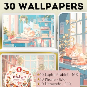 Cats Wallpaper - Boho and Kawaii Inspired Desktop Bundle, Perfect Gift for Plant and Book Lovers