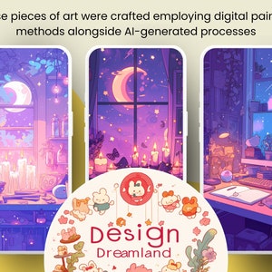May include: Three digital illustrations of a room with a window, a crescent moon, and stars. The first room has candles and a cauldron. The second room has candles and a butterfly. The third room has a computer, a notebook, and a plant. The illustrations are surrounded by a circle of cute cartoon bunnies with a banner that says "Design Dreamland".