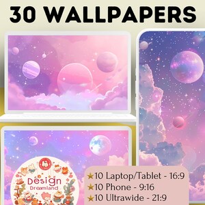 Könnte beinhalten: Ein Set mit 30 digitalen Hintergrundbildern, die einen verträumten, pastellfarbenen Himmel mit Wolken und Planeten zeigen. Die Hintergrundbilder sind in drei Seitenverhältnissen verfügbar: 16:9 für Laptops und Tablets, 9:16 für Telefone und 21:9 für Ultrawide-Monitore. Der Text "Design Dreamland" ist im Bild enthalten.