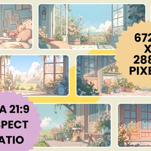 Op de afbeelding: Een digitale illustratie van een huis met meerdere ramen en een veranda. Het huis is omgeven door weelderig groen en bloemen. De afbeelding heeft een beeldverhouding van 21:9 en is 6720 x 2880 pixels groot.