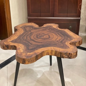 May include: A wooden coffee table with a unique, natural, tree-trunk shaped top and black metal legs.