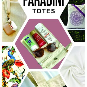 Peut inclure: Publicit&eacute; pour les sacs fourre-tout Faradini. L'image pr&eacute;sente divers sacs fourre-tout, dont un avec un motif mandala violet et un sac fourre-tout cr&egrave;me avec une fermeture &agrave; cordon. L'image montre &eacute;galement des lunettes de soleil, de la cr&egrave;me solaire et d'autres accessoires.