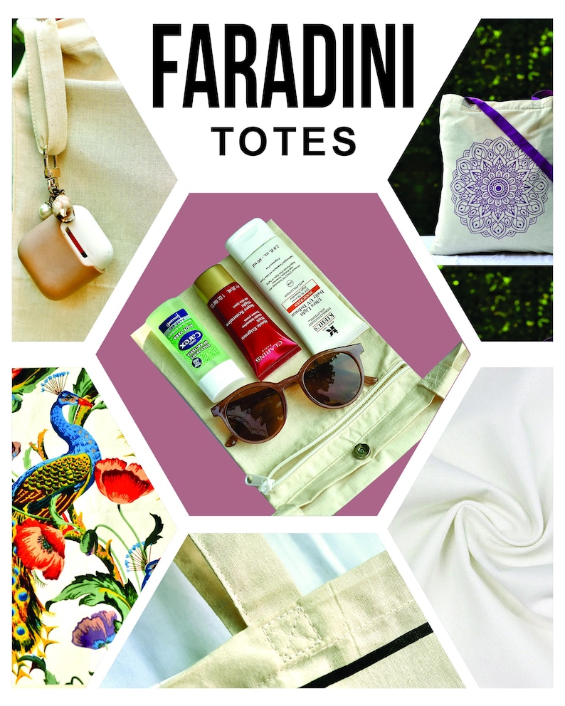 Peut inclure: Publicit&eacute; pour les sacs fourre-tout Faradini. L'image pr&eacute;sente divers sacs fourre-tout, dont un avec un motif mandala violet et un sac fourre-tout cr&egrave;me avec une fermeture &agrave; cordon. L'image montre &eacute;galement des lunettes de soleil, de la cr&egrave;me solaire et d'autres accessoires.