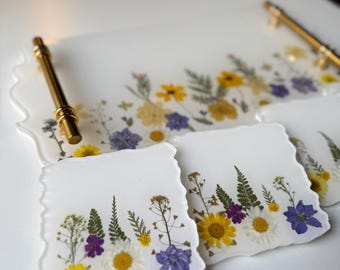 Handmade Pressed Flower Resin Coasters with Tray Floral Home Decor & kitchen