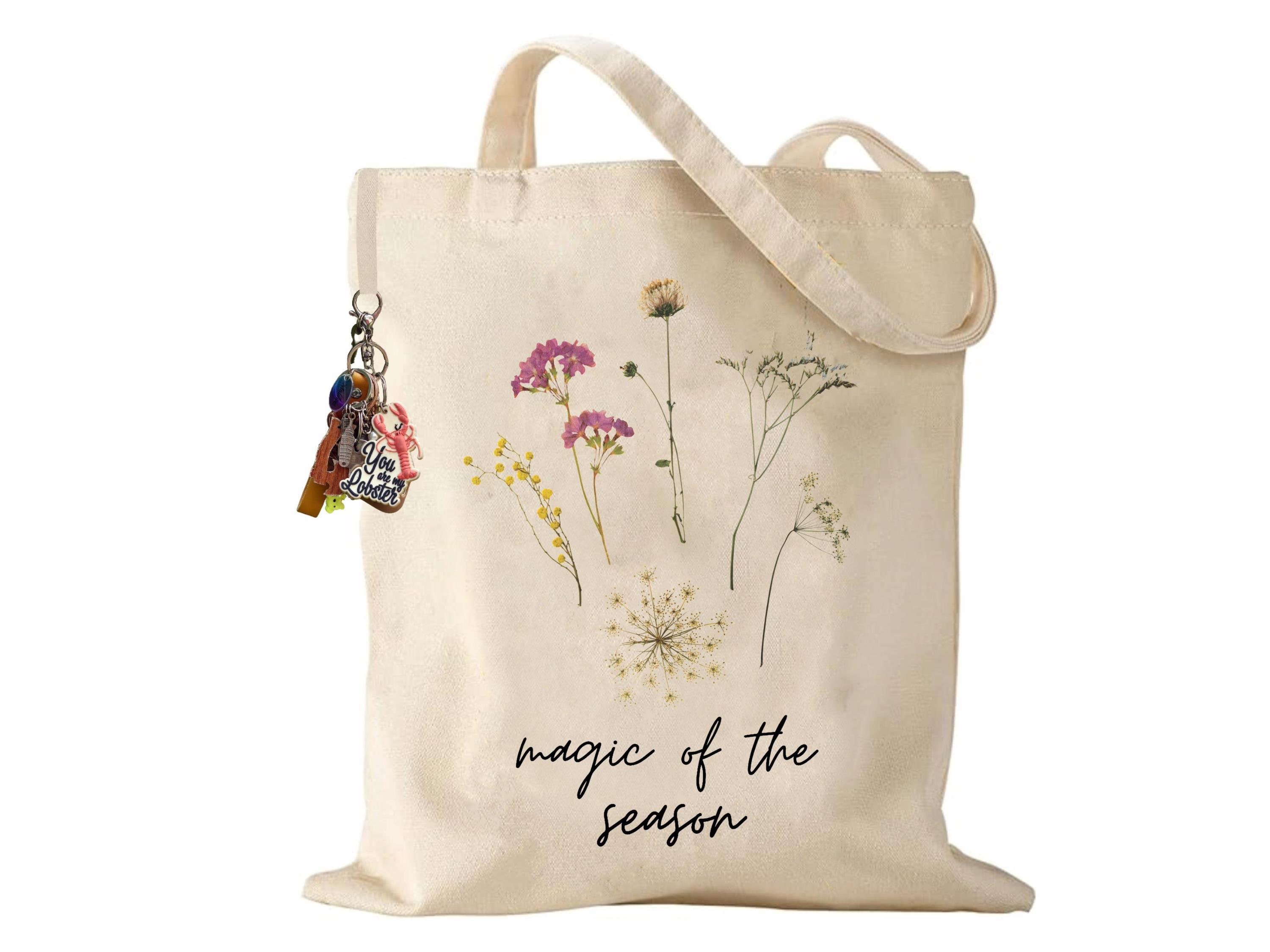 Bolso De Compras De Lona Algodón 100% Premium – Tote Reutilizable Con Estampado Floral, Asa De Hombbro, Cremallera