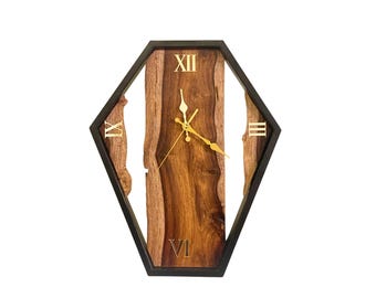 Live Edge Wood Wall Clock: Rustic Olive Wood & Metal, Silent Quartz
