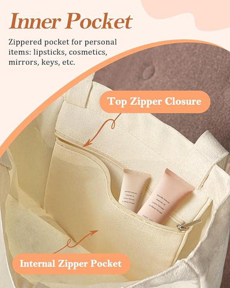 Peut inclure: Sac fourre-tout cr&egrave;me avec une poche int&eacute;rieure zipp&eacute;e et une fermeture &eacute;clair sup&eacute;rieure. Le sac contient deux tubes de produits de soin. Le texte sur l'image indique "Inner Pocket" et "Internal Zipper Pocket."