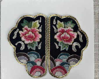 Hand embroidered Chinese silk and goldwork applique patch with mountains and peonies on black silk.