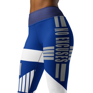 May include: Blue and white athletic leggings with the text "NO EXCUSES" printed vertically on the side. The leggings have a geometric design with a blue waistband and a patterned detail. The leggings are designed for fitness activities.