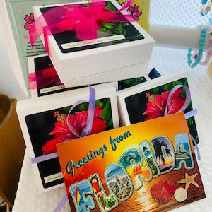 Pode incluir: Uma pilha de pequenas caixas de presente brancas com fita rosa e roxa. As caixas s&atilde;o decoradas com uma flor de hibisco e o texto "Brecks Randolph Creations". Um cart&atilde;o postal com o texto "Greetings from FLORIDA" est&aacute; em primeiro plano.