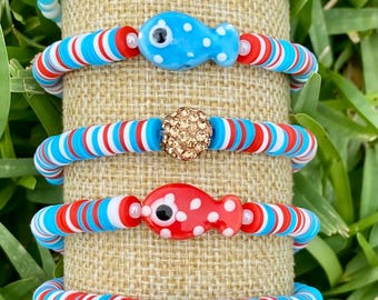 Rot Weiß Blau Perlen Armband Stapel, USA Flagge Fisch Schmuck