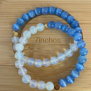 Mondstein Perlen Armband mit Himmelblauen Glasperlen. 8mm.