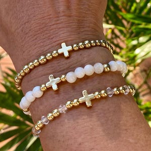Gold Cross Stacking Bracelets.  Non Tarnish 14k Gold Bracelet. Center 10mm 18k Gold Cross. 3 Options. Sold Seperately or together.