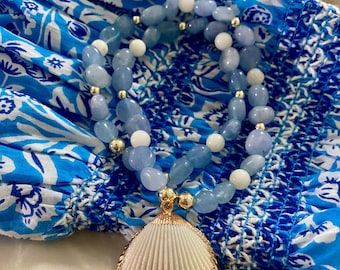 Aquamarine Beaded Necklace: Gold Scallop Shell Charm, 14k Gold Filled accent Beads.
